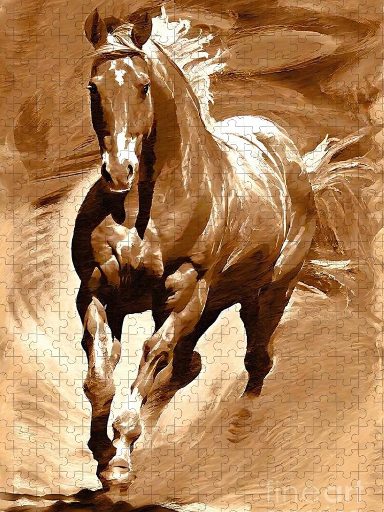 Gold Jigsaw Puzzle featuring the painting Painting Horse Art 45mb gold watercolor texture c by N Akkash