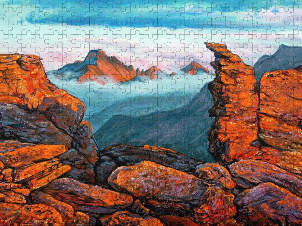 Rocky Mountain National Park Jigsaw Puzzle featuring the painting Painting - Longs Peak and Rock Cut Sunset by Aaron Spong