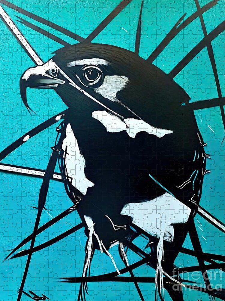 Bird Jigsaw Puzzle featuring the painting Painting Magpie Blue Pop 40 5cm W X 51cm H Magpie by N Akkash