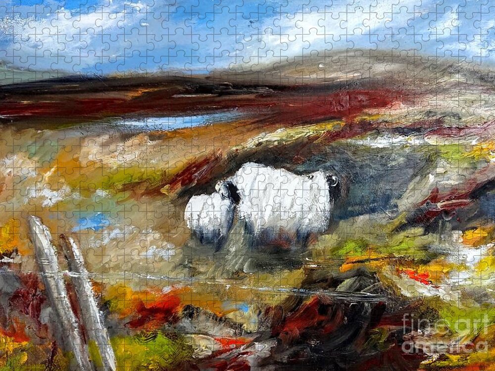 Connemara Sheep Jigsaw Puzzle featuring the painting Painting of connemara sheep by the lakes of connemara by Mary Cahalan Lee - aka PIXI