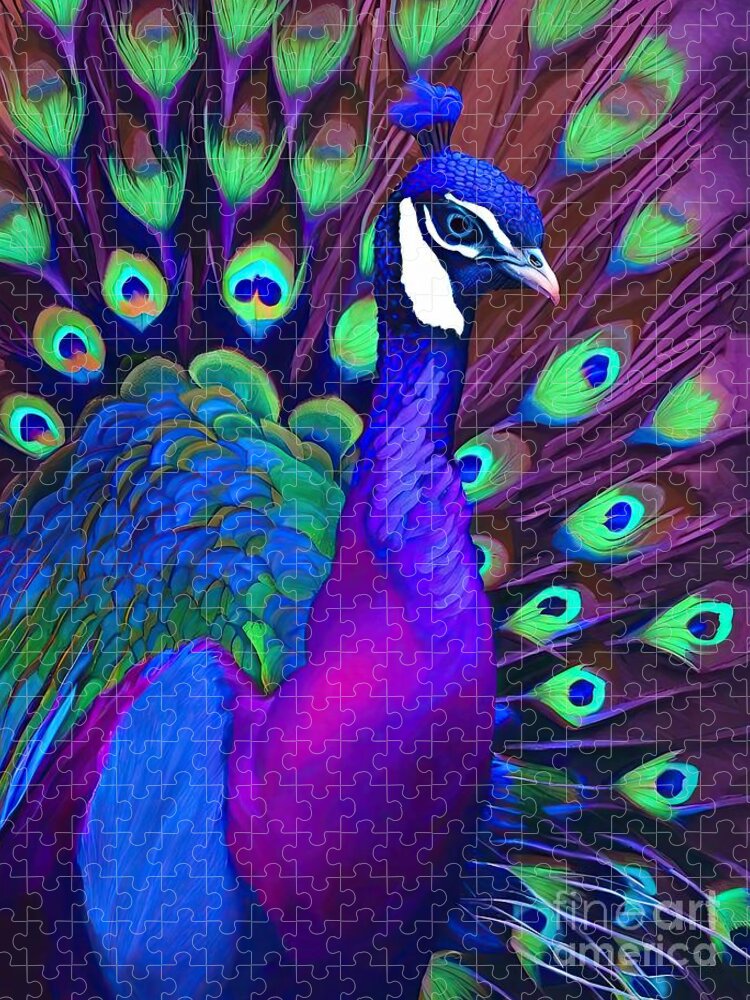 Peacock Jigsaw Puzzle featuring the painting Painting Peacock Art 56y peacock feather beautifu by N Akkash