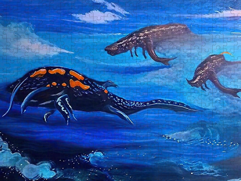 Sea Jigsaw Puzzle featuring the painting Painting Three Deep sea nature animal blue water by N Akkash
