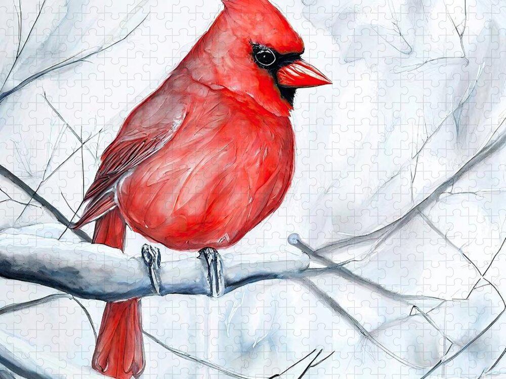 Bird Jigsaw Puzzle featuring the painting Painting Waiting For Spring bird winter cardinal by N Akkash
