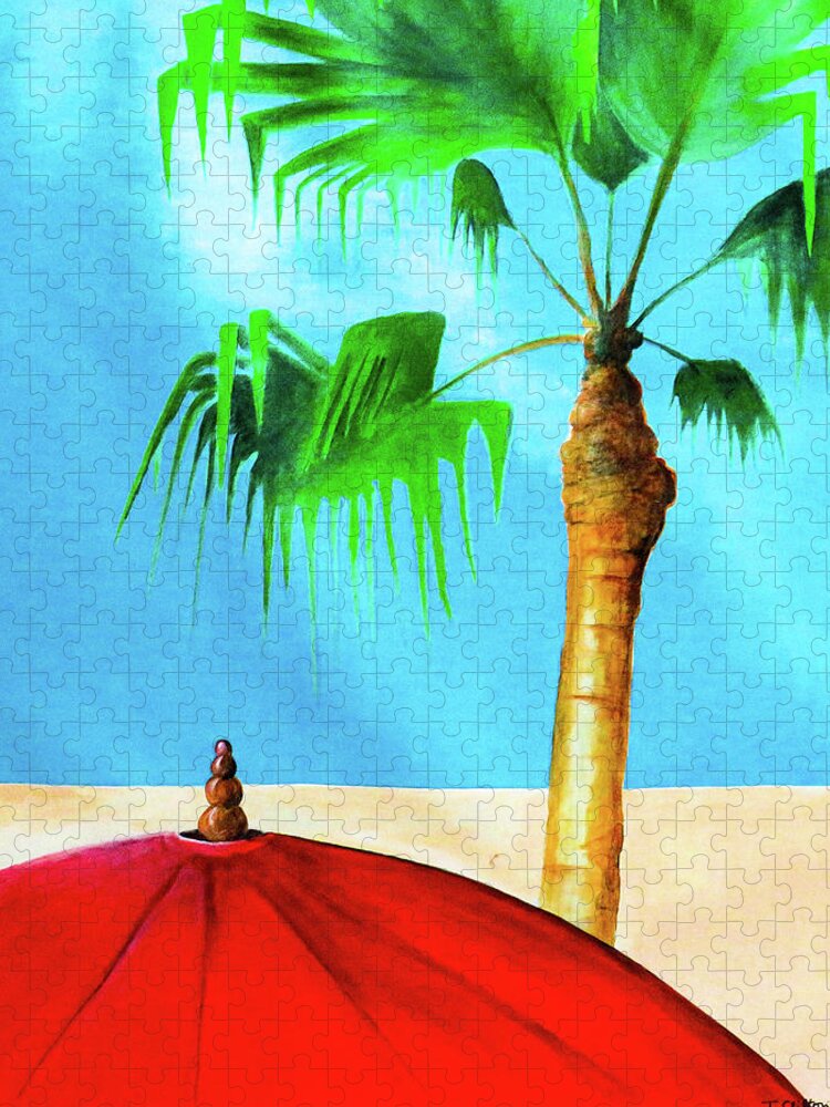 Beach Jigsaw Puzzle featuring the painting Palm and Umbrella by Ted Clifton
