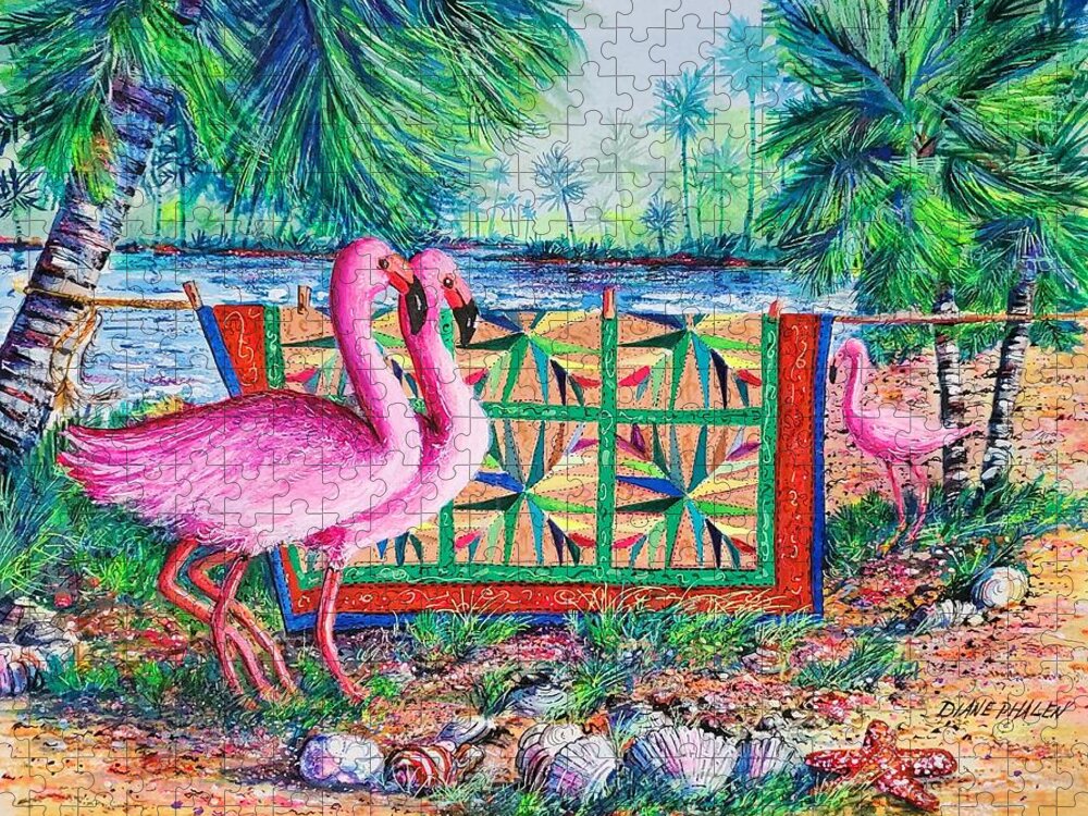 Palm Quilt Jigsaw Puzzle featuring the painting Palm Quilt Flamingos by Diane Phalen