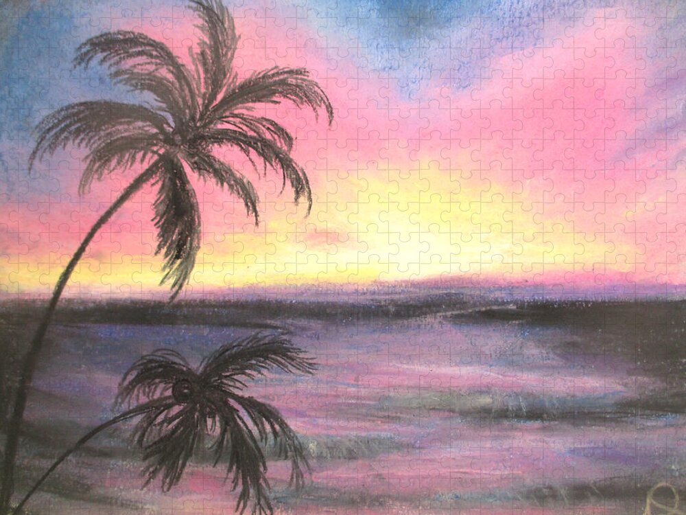 Palm Sunset Jigsaw Puzzle featuring the painting Palm Set by Jen Shearer