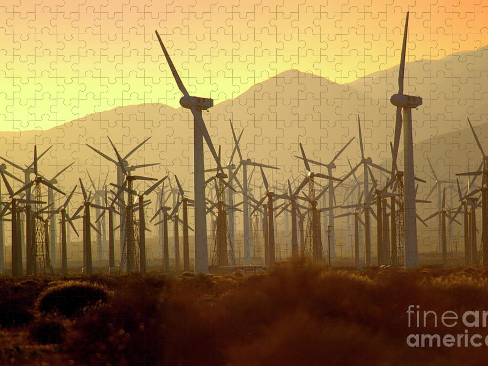 Wind Jigsaw Puzzle featuring the photograph Palm Springs windmills at sunset by Gunther Allen