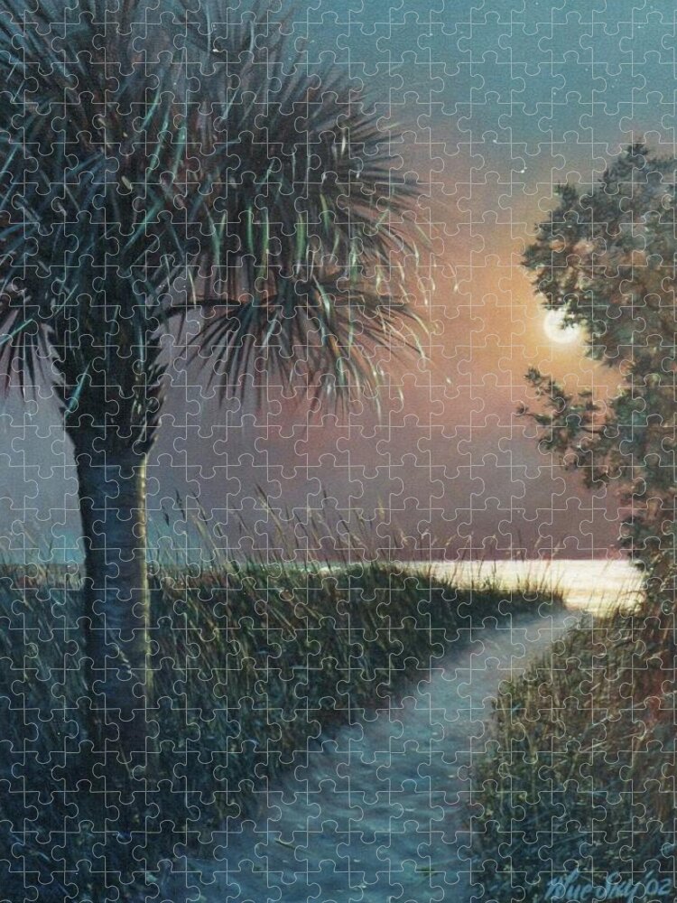 Palmetto Jigsaw Puzzle featuring the painting Palmetto Moon with Path by Blue Sky
