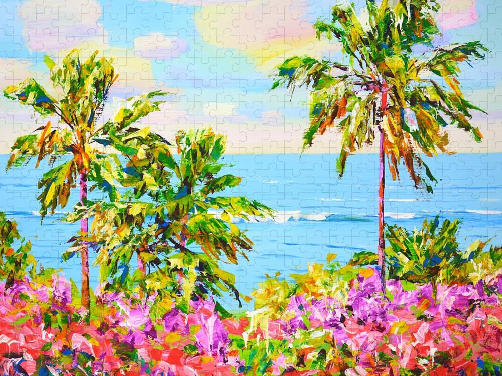 Ocean Jigsaw Puzzle featuring the painting 	Palms. Ocean. Flowers. by Iryna Kastsova
