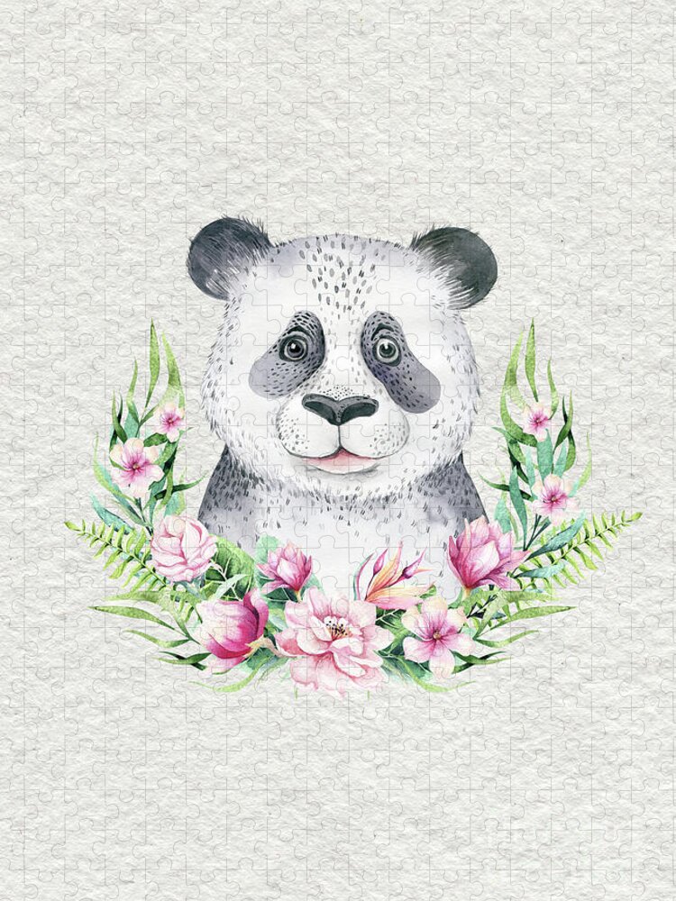 Panda Jigsaw Puzzle featuring the painting Panda Bear With Flowers by Nursery Art