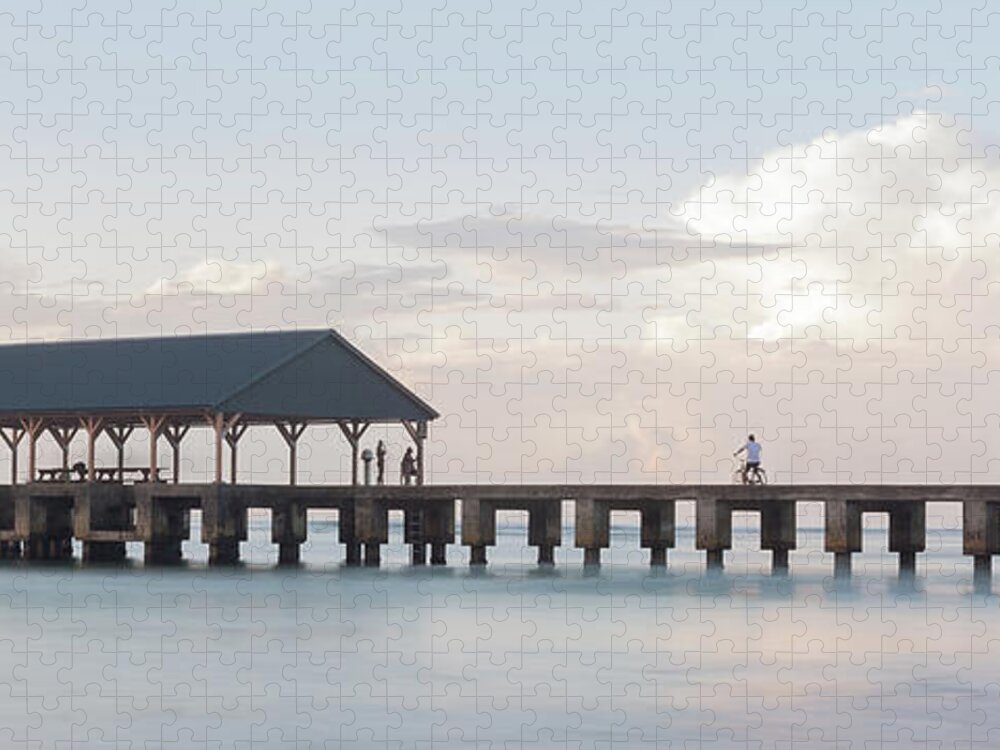 Bay Jigsaw Puzzle featuring the photograph Panorama of sunrise over Hanalei Pier on Kauai by Steven Heap