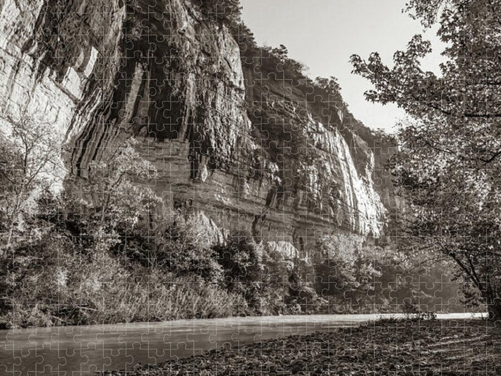Roark Bluff Jigsaw Puzzle featuring the photograph Panoramic Landscape Along The Buffalo River and Roark Bluff - Sepia Edition by Gregory Ballos