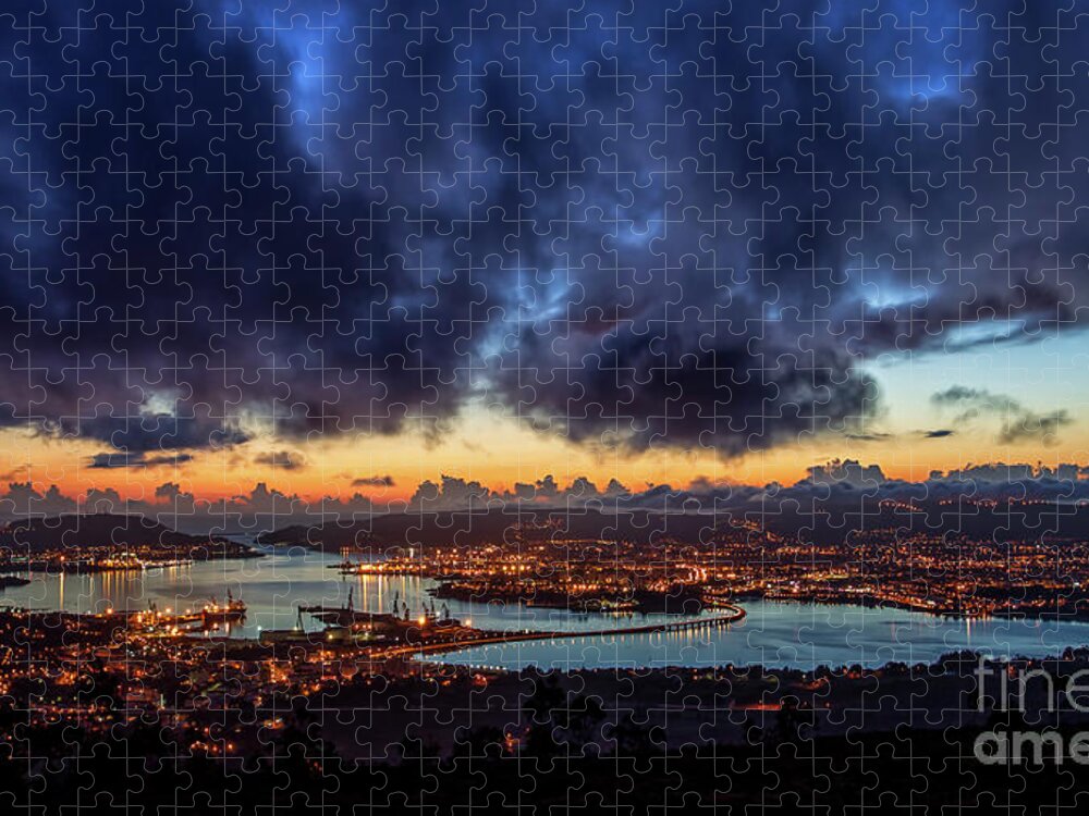 Port Jigsaw Puzzle featuring the photograph Panoramic View of Ferrol Estuary with Bridge and Shipyards Stormy Sky at Dusk La Corua Galicia by Pablo Avanzini