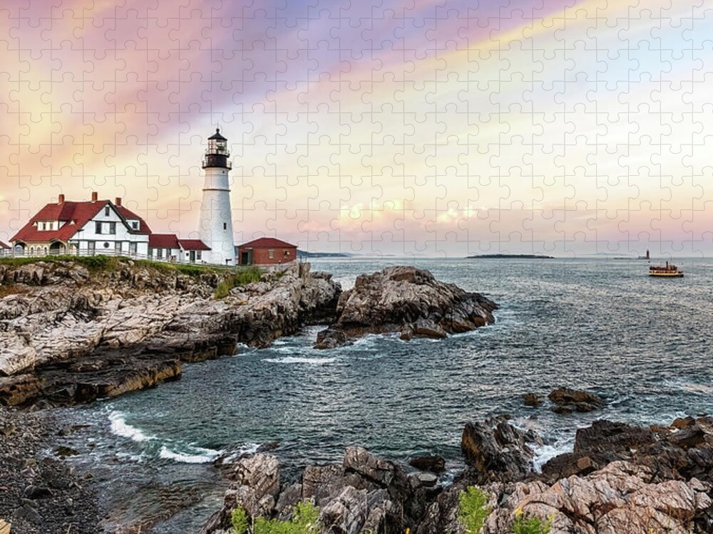 Maine Jigsaw Puzzle featuring the photograph Panoramic view of the Portland Head Lighthouse at sunset. Cape Elizabeth, Maine, USA. by Jane Rix
