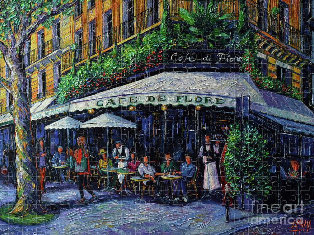 Parisian Mood Cafe De Flore Jigsaw Puzzle featuring the painting PARISIAN MOOD CAFE DE FLORE commissioned oil painting by Mona EDULESCO by Mona Edulesco