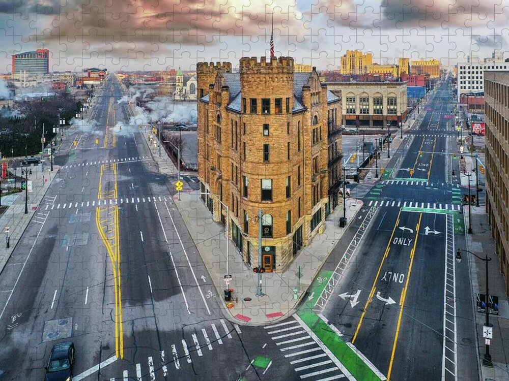 Detroit Jigsaw Puzzle featuring the photograph Park and Rec Diner Building DJI_0159 Detroit MI by Michael Thomas