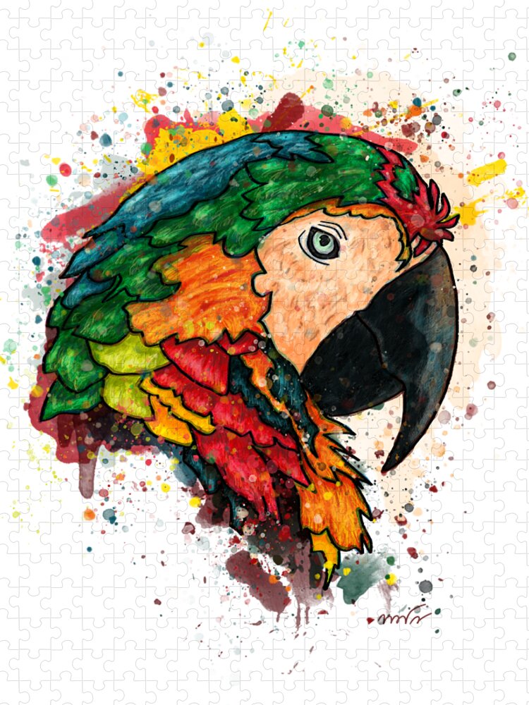 Parrot Jigsaw Puzzle featuring the painting Parrot portrait painting on white background, Macaw parrot by Nadia CHEVREL