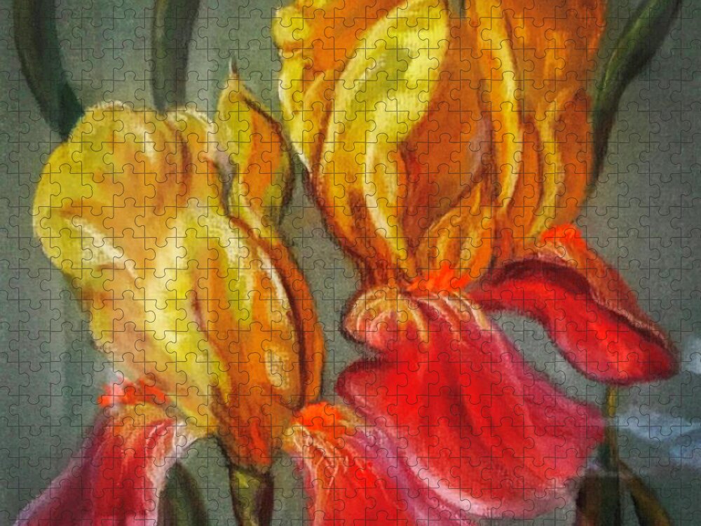 Colored Pencil Jigsaw Puzzle featuring the painting Bi-color Gold and Purple German Bearded Iris in Pastel Pencils and Chalk by Catherine Ludwig Donleycott