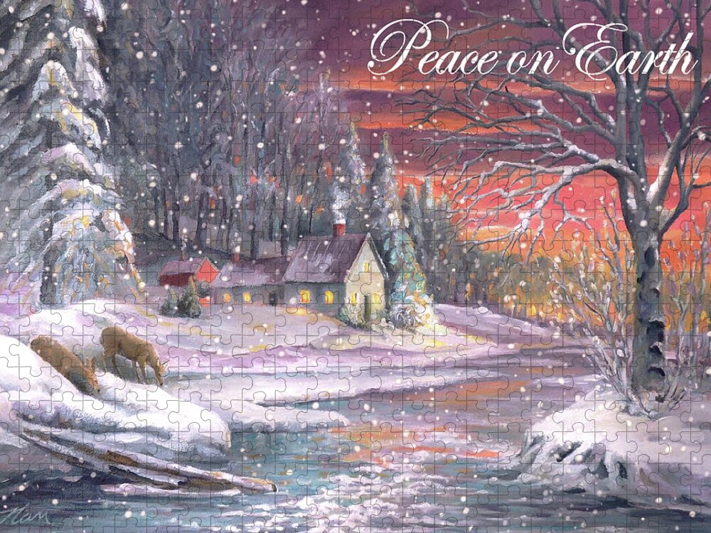 Holiday Jigsaw Puzzle featuring the mixed media Peace on Earth Winter Landscape by Nancy Griswold
