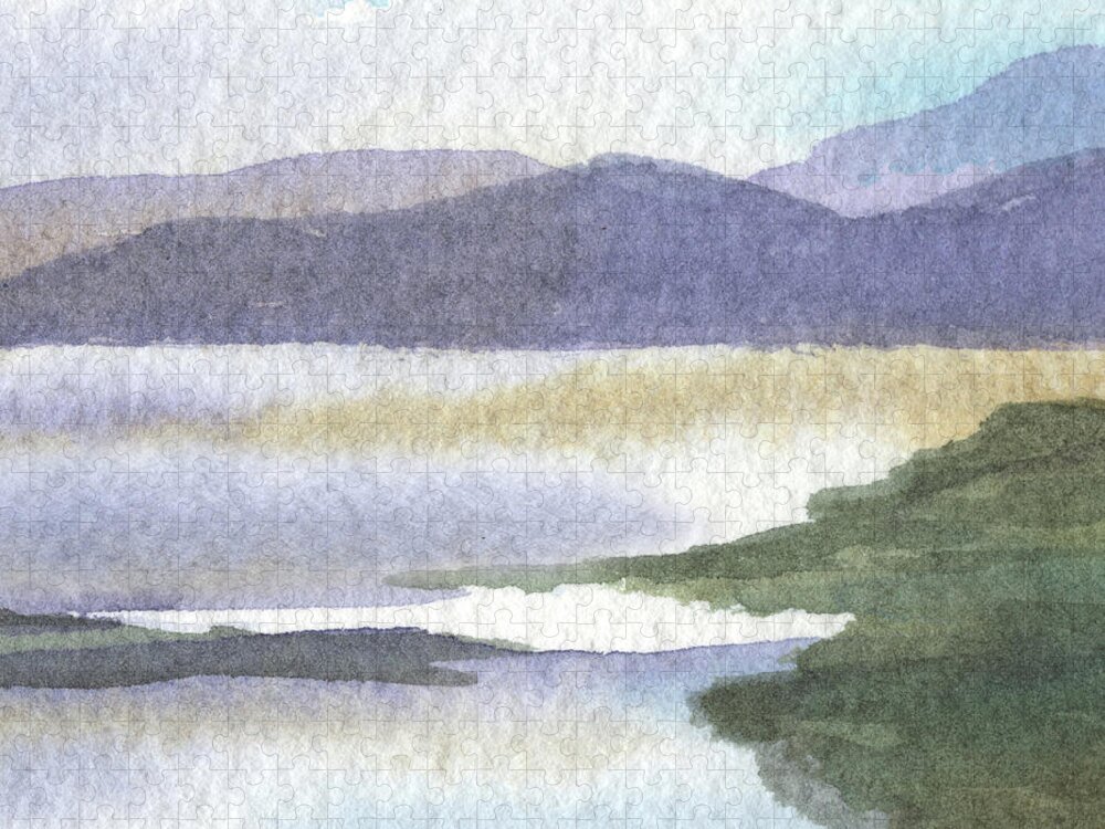 Calm Jigsaw Puzzle featuring the painting Peaceful Lake Shore Dreamy Calm Landscape Quiet Meditative Nature II by Irina Sztukowski