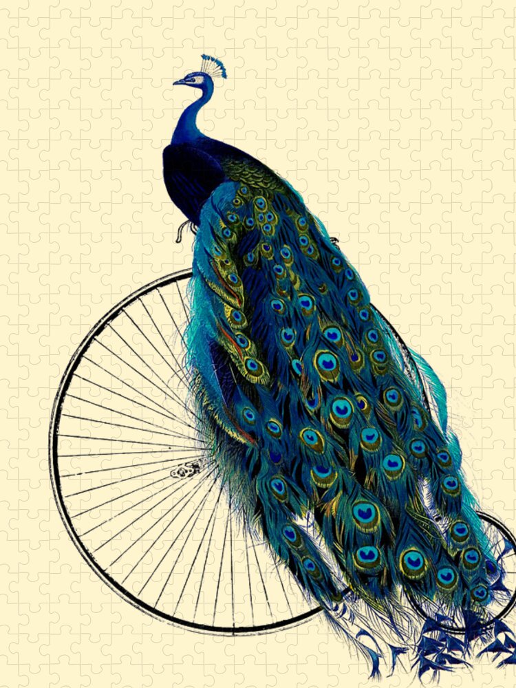 Regal Puzzle featuring the digital art Peacock On A Bicycle, Home Decor by Madame Memento