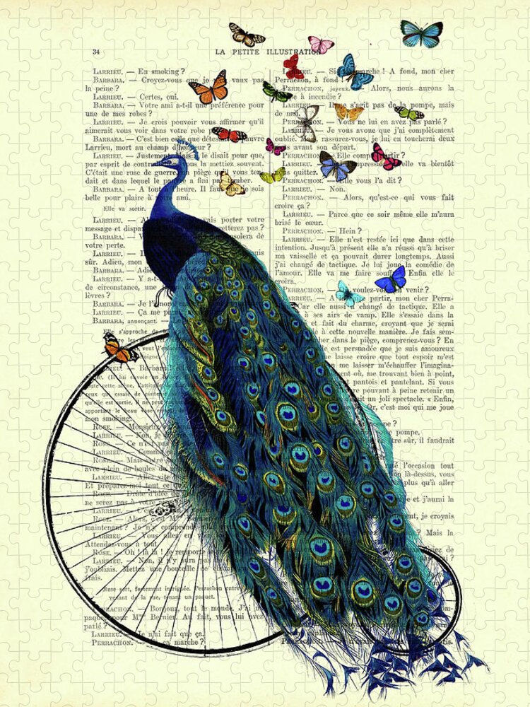 Peacock Jigsaw Puzzle featuring the digital art Peacock On Penny Farthing Bike With Butterflies Art Print by Madame Memento