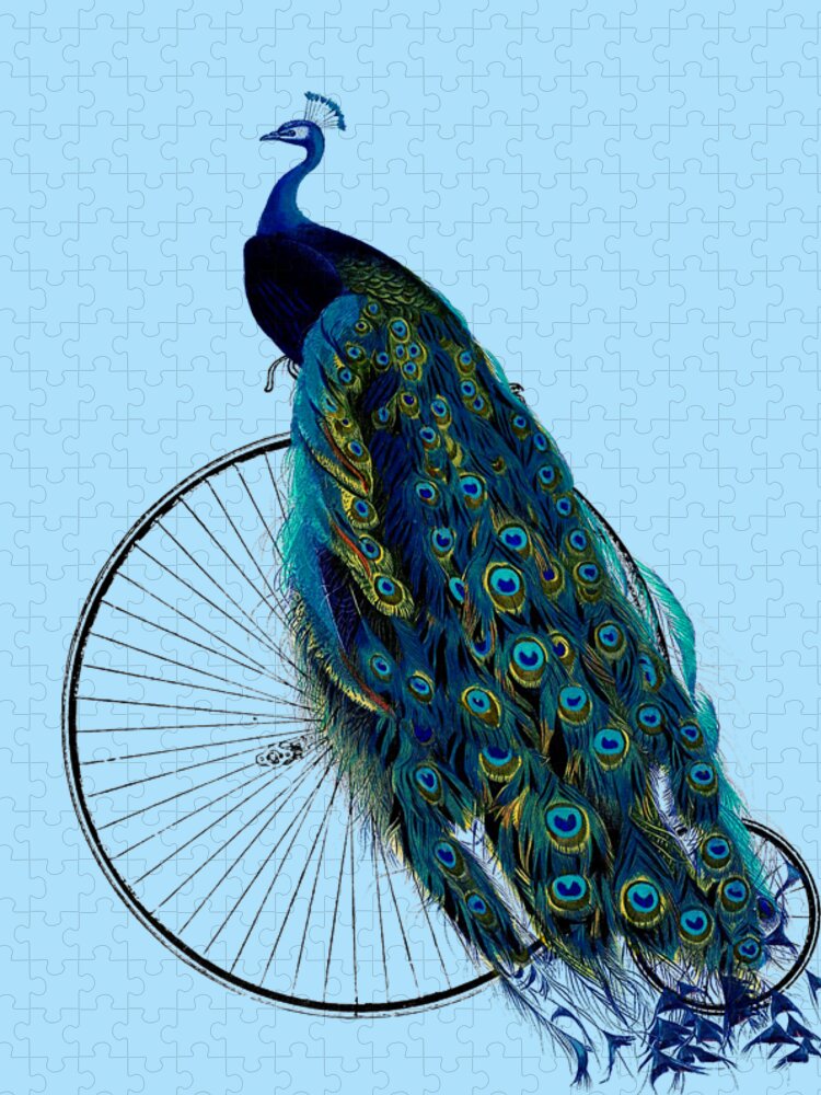 Peacock Jigsaw Puzzle featuring the mixed media Peacock riding on an antique bicycle by Madame Memento