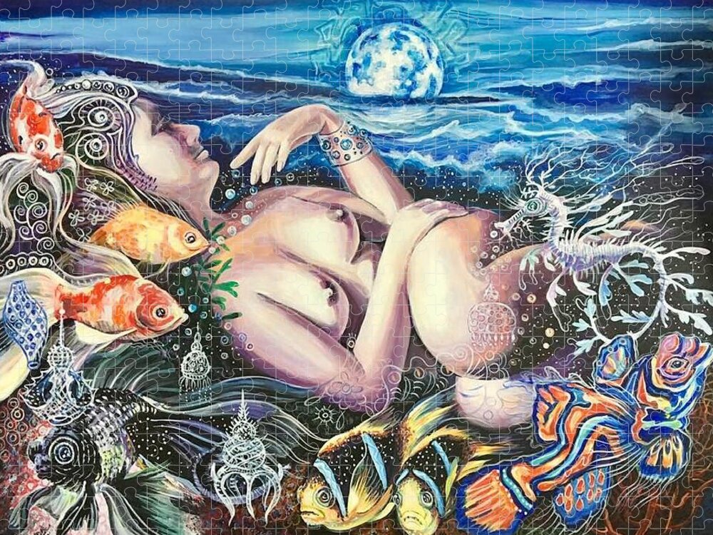 Moon Jigsaw Puzzle featuring the painting PEARL and SEA DRAGON by Yelena Tylkina