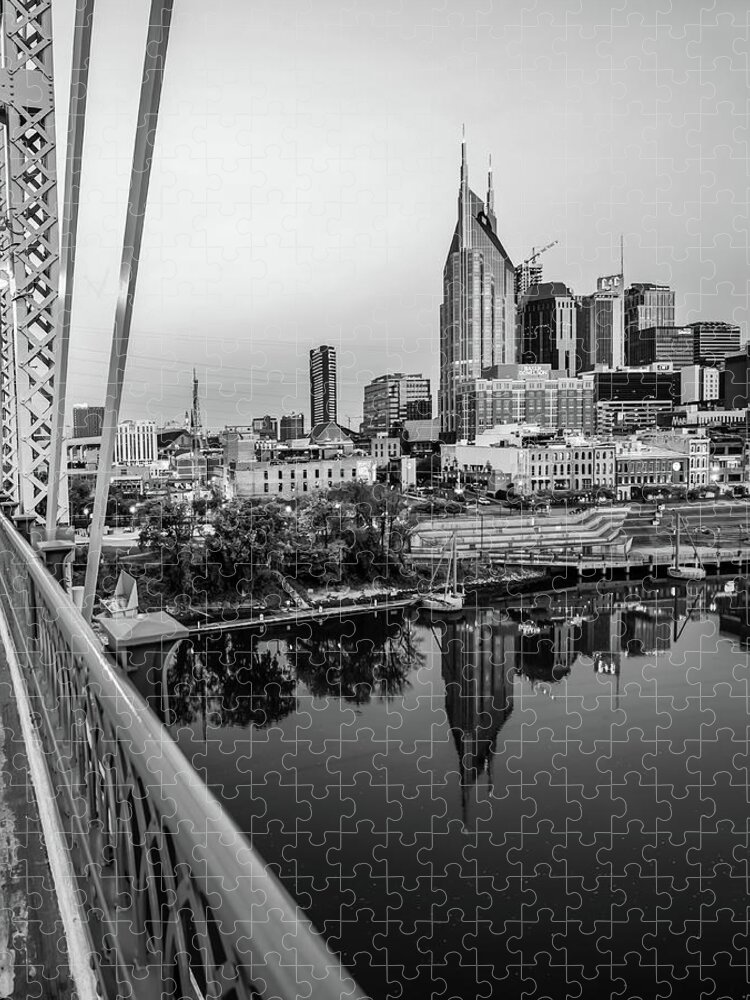 Nashville Skyline Print Jigsaw Puzzle featuring the photograph Pedestrian Bridge View of Nashville - Black and White by Gregory Ballos