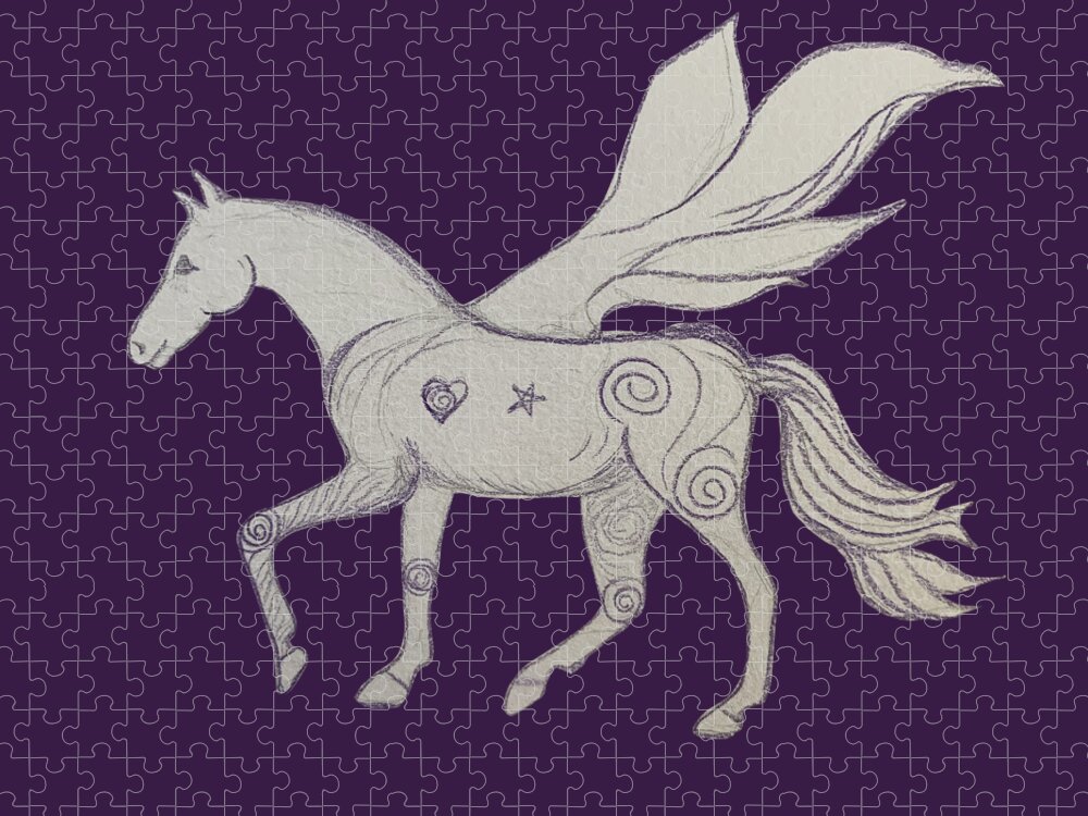 Pegasus Jigsaw Puzzle featuring the drawing Pegasus Heart Spiral Star Drawing by Sandy Rakowitz