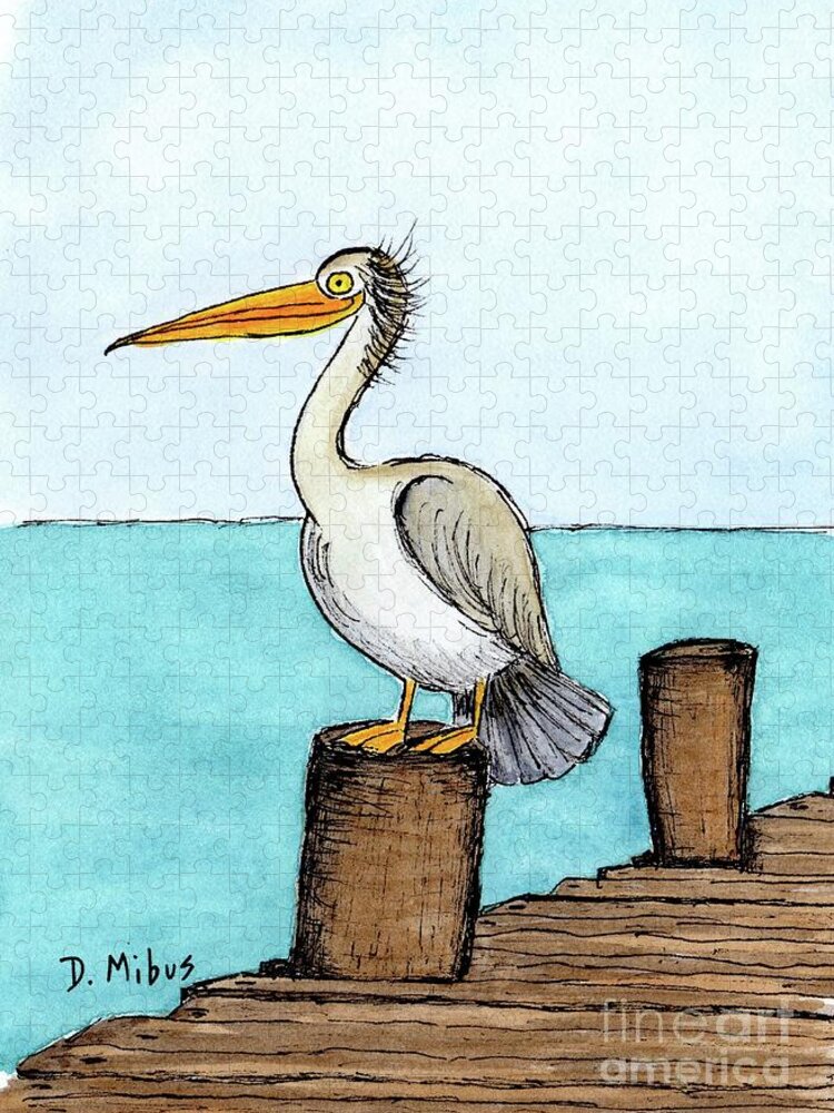 Coastal Bird Jigsaw Puzzle featuring the painting Pelican Perched on Pier by Donna Mibus