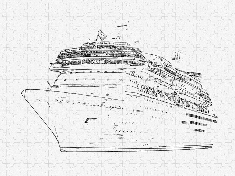 Pencil Jigsaw Puzzle featuring the digital art Pencil drawing of cruise ship isolated on white background, modern ocean liner by Maria Kray
