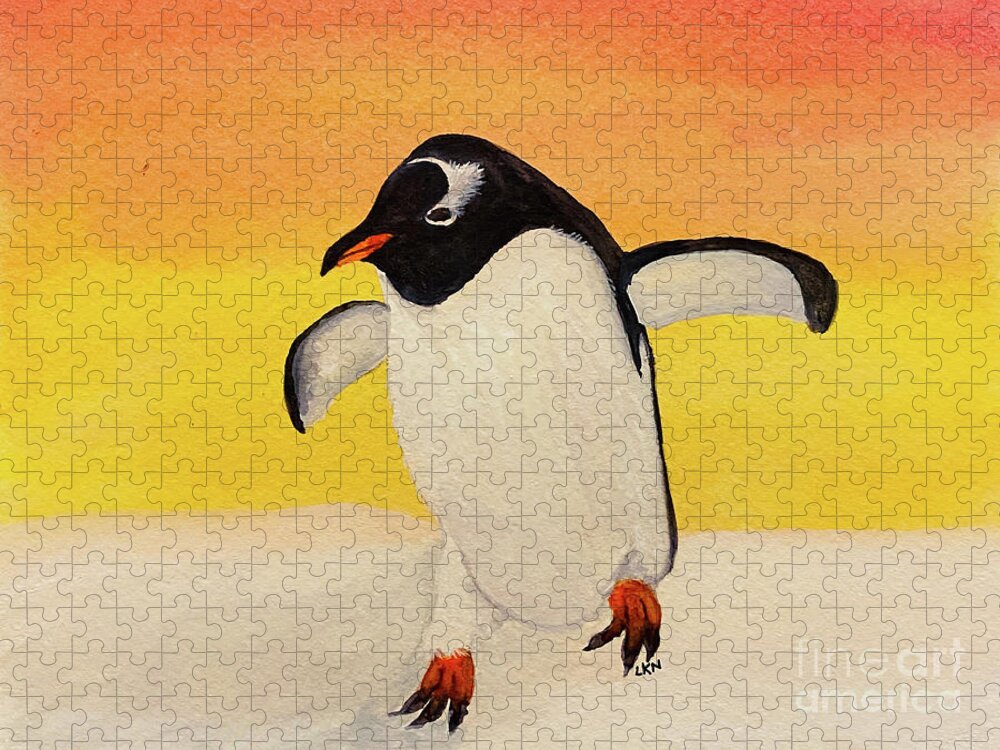 Penguin Jigsaw Puzzle featuring the painting Penguin at Sunset by Lisa Neuman