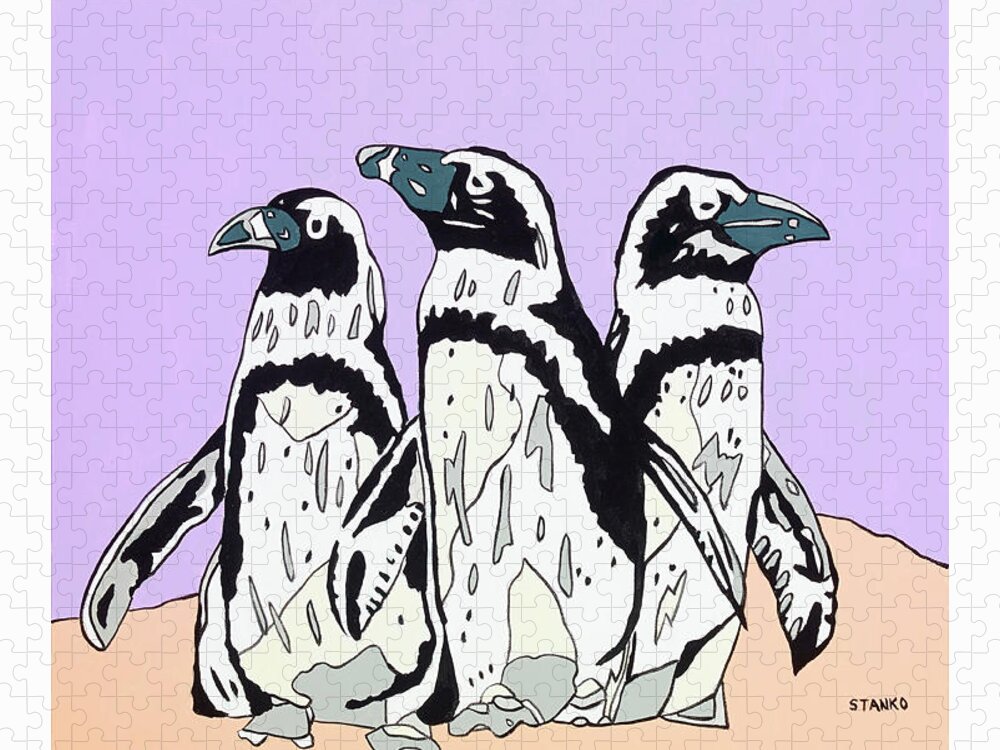 Penguins Birds Jigsaw Puzzle featuring the painting Penguins by Mike Stanko