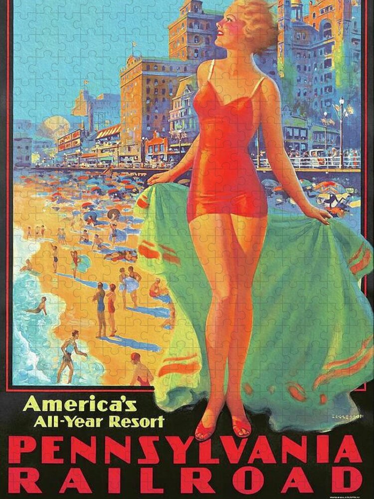 Holiday Jigsaw Puzzle featuring the painting Pennsylvania Railroad Atlantic City Travel Poster by Vincent Monozlay