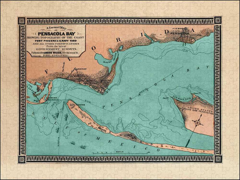 Florida Map Jigsaw Puzzle featuring the photograph Pensacola Bay Florida Vintage Map 1860 by Carol Japp
