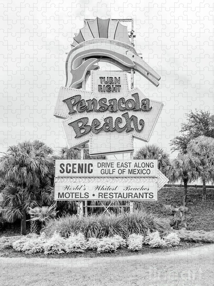 2018 Jigsaw Puzzle featuring the photograph Pensacola Beach Sign Black and White Photo by Paul Velgos