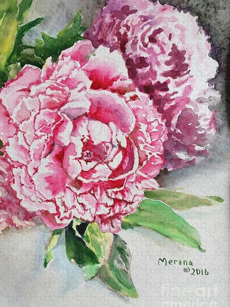 Peonies Jigsaw Puzzle featuring the painting Peonies by Merana Cadorette