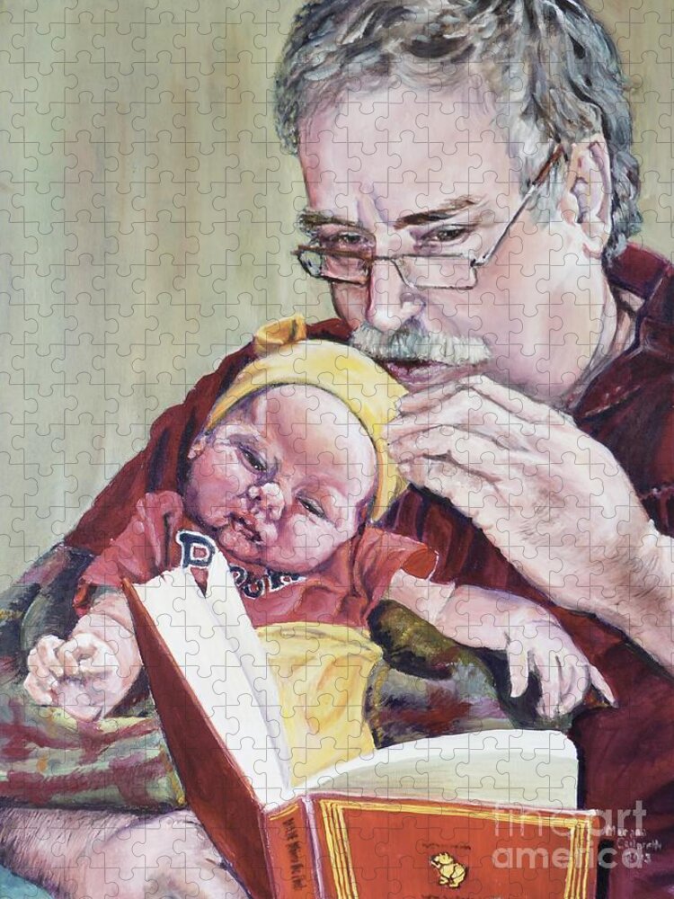 Grandfather Jigsaw Puzzle featuring the painting Pepere reads Pooh by Merana Cadorette