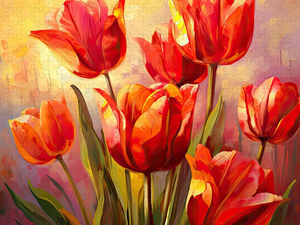 Red Tulips Jigsaw Puzzle featuring the digital art Perfect Gift Of Love- Red Tulips Paintings by Lourry Legarde