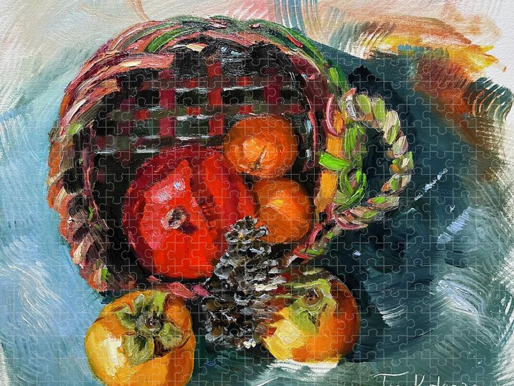 Pomegranate Jigsaw Puzzle featuring the painting Persimmons and Pomegranates in Mothers Basket by Jan Dappen