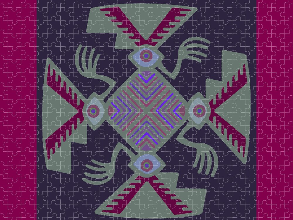 Inca Spirits Jigsaw Puzzle featuring the digital art Peruvian Inca Pajaro Spirit - Purple Light Green Red by Vagabond Folk Art - Virginia Vivier
