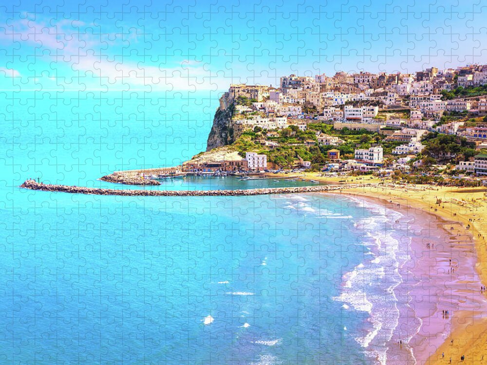 Peschici Jigsaw Puzzle featuring the photograph Peschici village and beach by Stefano Orazzini