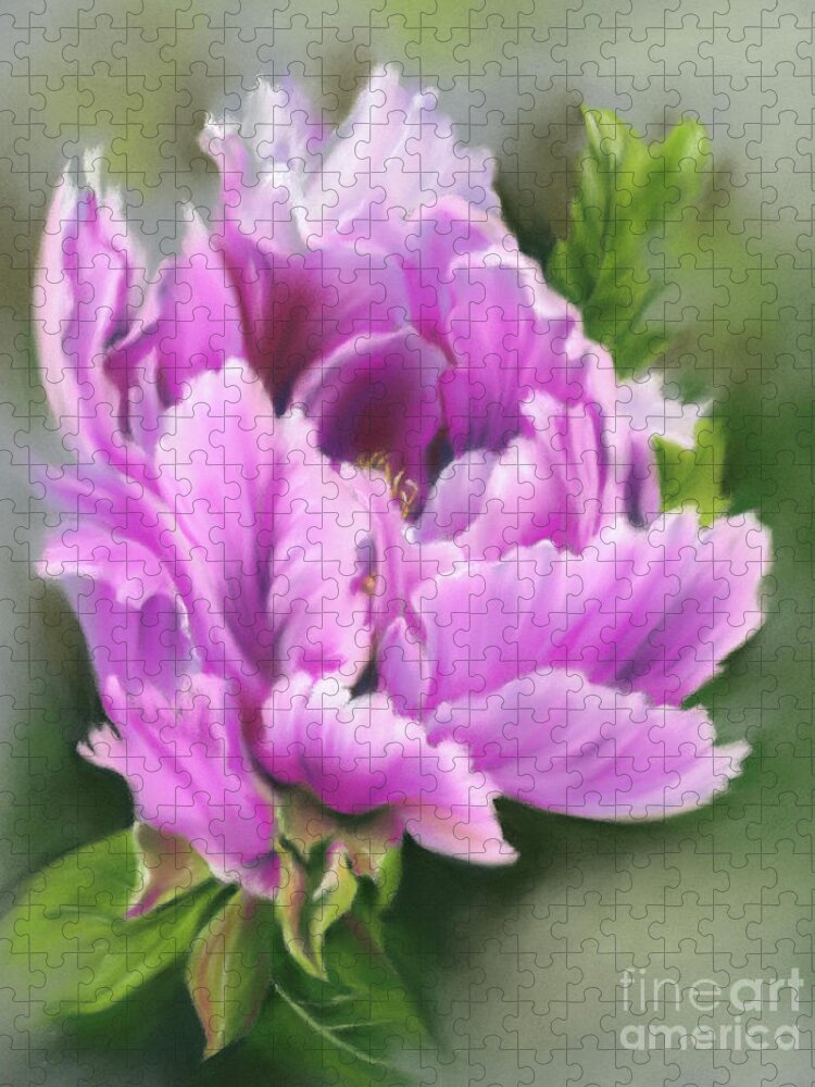 Botanical Jigsaw Puzzle featuring the painting Pretty Pink Peony Flower by MM Anderson