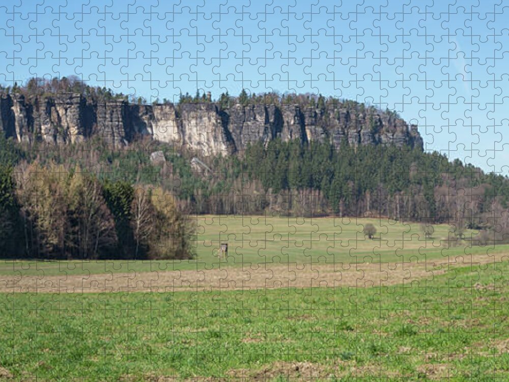 Saxon Switzerland Jigsaw Puzzle featuring the photograph Pfaffenstein, mountain panorama in Saxon Switzerland by Adriana Mueller