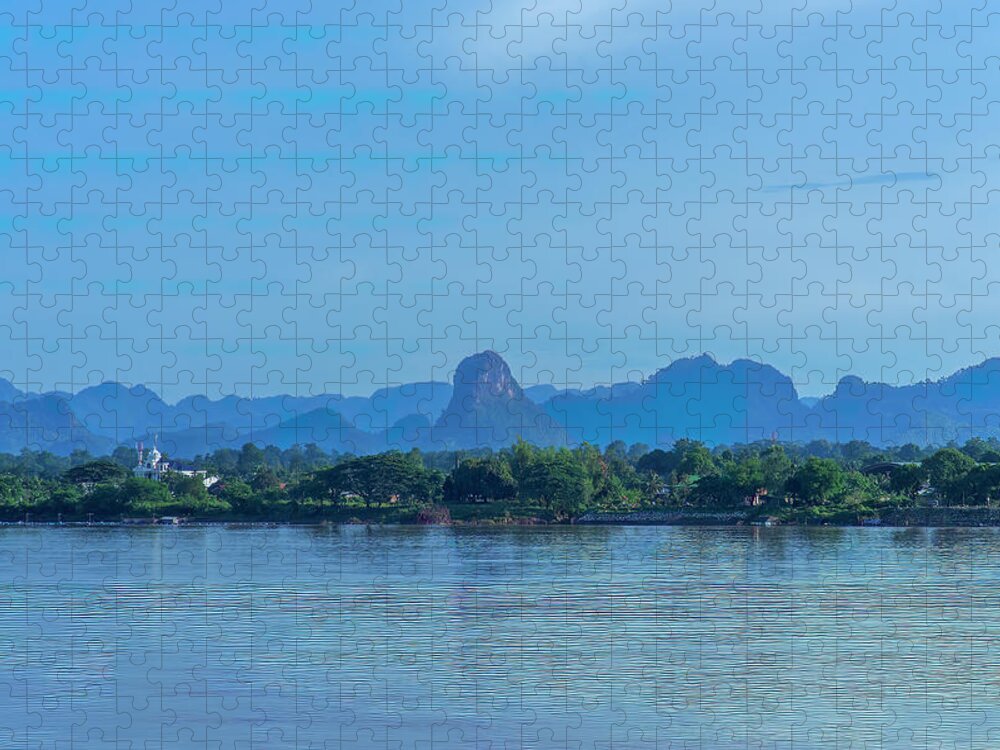 Scenic Jigsaw Puzzle featuring the photograph Phanom Naga Park Mekong River and Mountains in Laos DTHNP0311 by Gerry Gantt