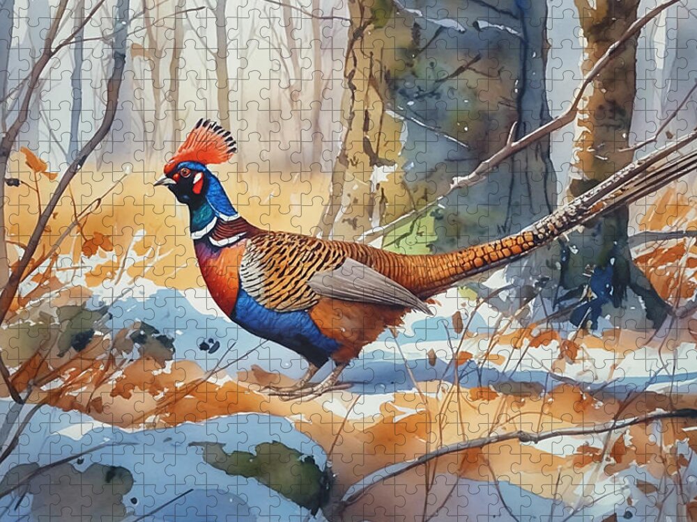 Pheasant Jigsaw Puzzle featuring the painting Pheasant by Manjik Pictures