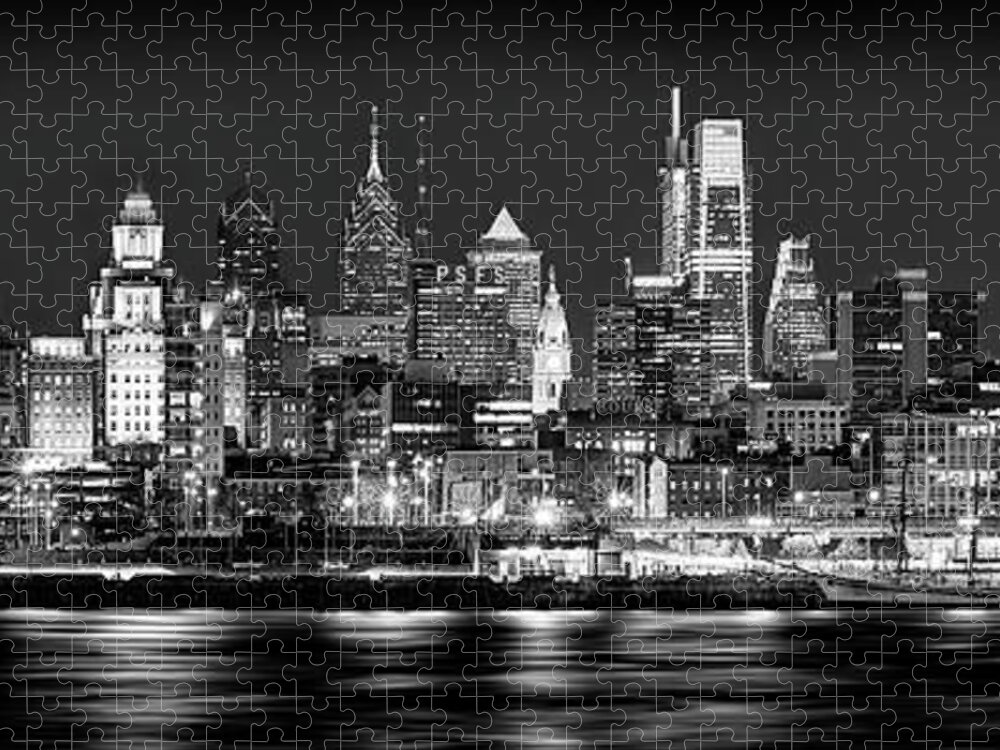 #faatoppicks Jigsaw Puzzle featuring the photograph Philadelphia Philly Skyline at Night from East Black and White BW by Jon Holiday