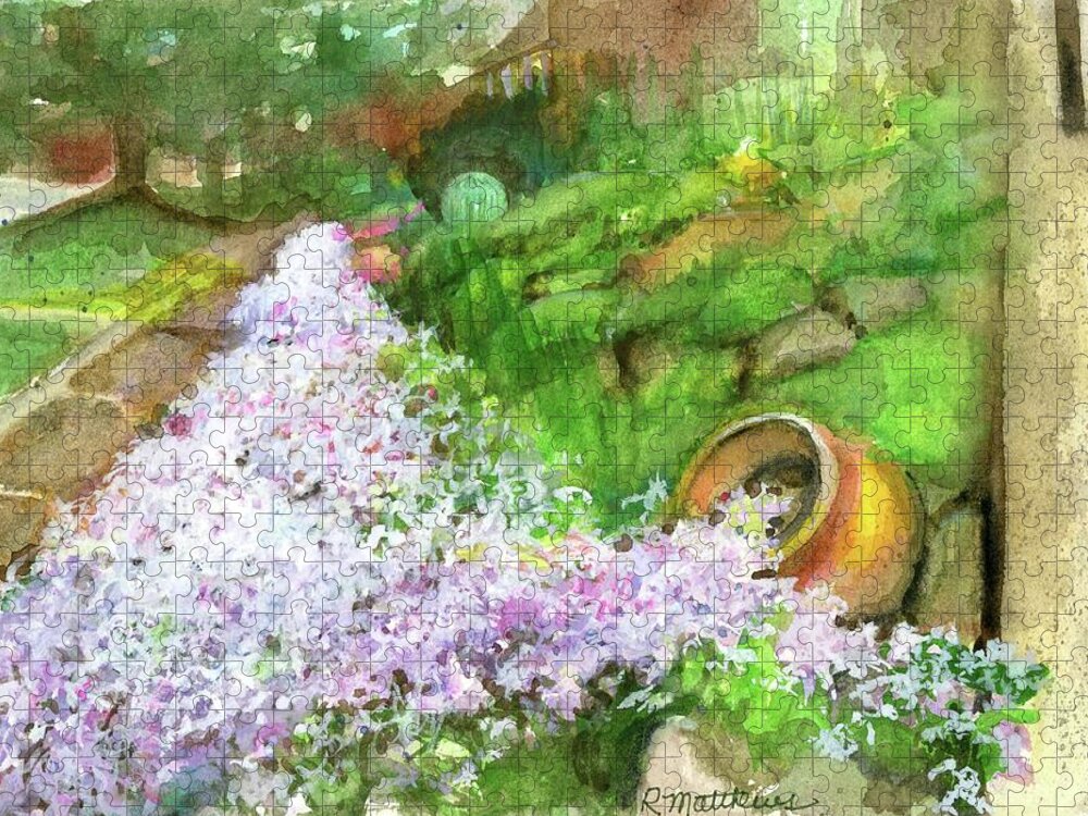 Garden Wall Jigsaw Puzzle featuring the painting Phlox on garden wall by Rebecca Matthews