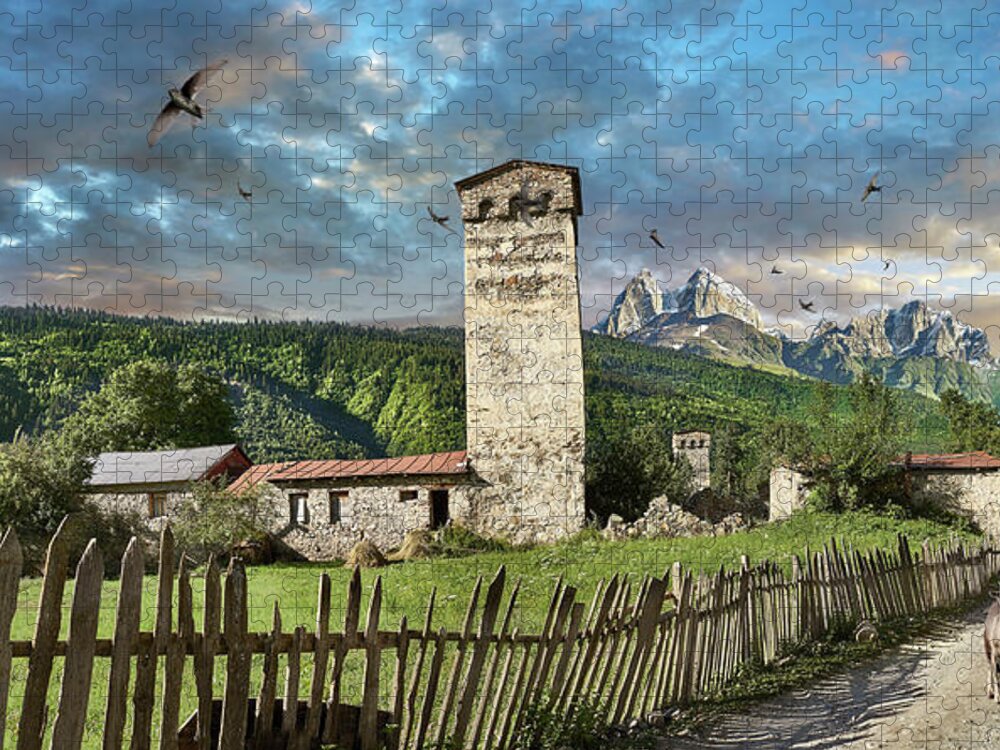 Svaneti Towers Jigsaw Puzzle featuring the photograph Photo of Svaneti tower house, Georgia by Paul E Williams
